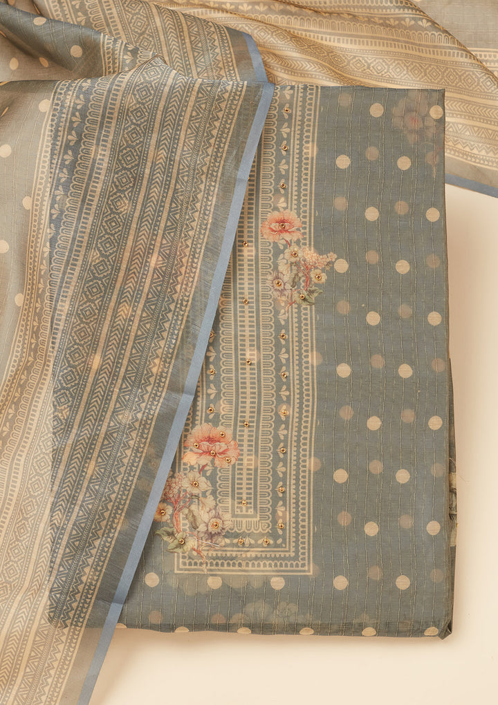 Light Grey Chanderi Gold Zariwork Unstitched Dress Material With Matching Bottom And Dupatta