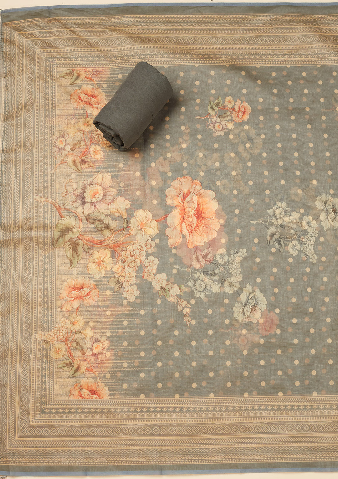 Light Grey Chanderi Gold Zariwork Unstitched Dress Material With Matching Bottom And Dupatta