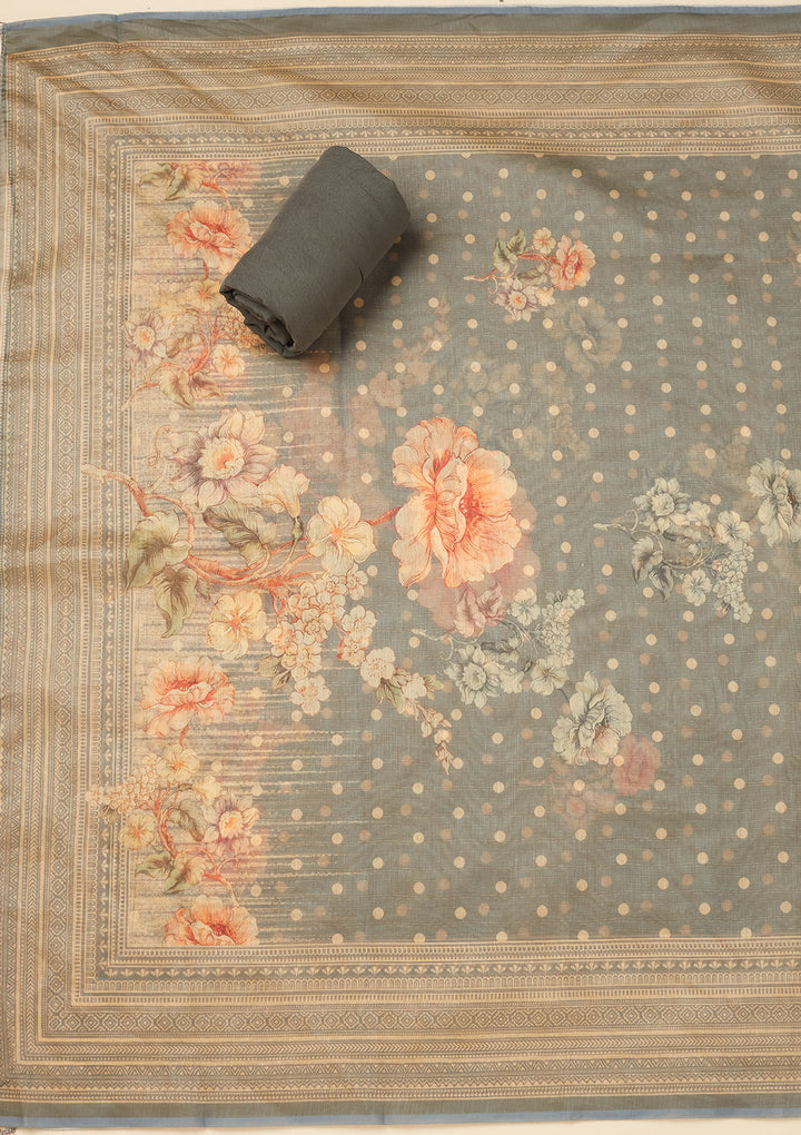 Light Grey Chanderi Gold Zariwork Unstitched Dress Material With Matching Bottom And Dupatta