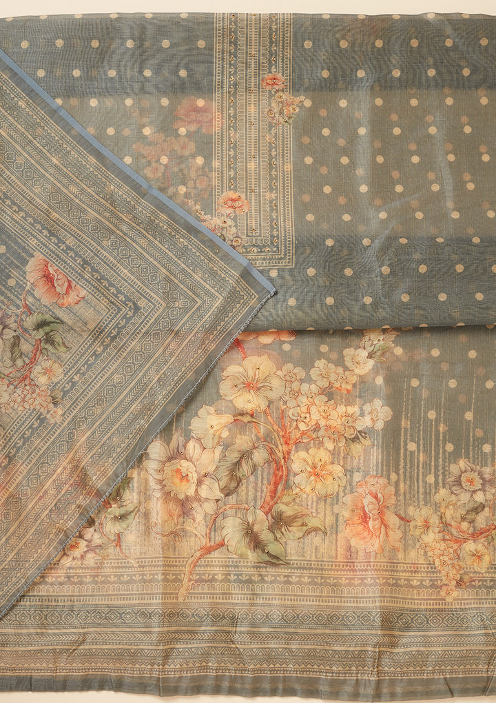 Light Grey Chanderi Gold Zariwork Unstitched Dress Material With Matching Bottom And Dupatta