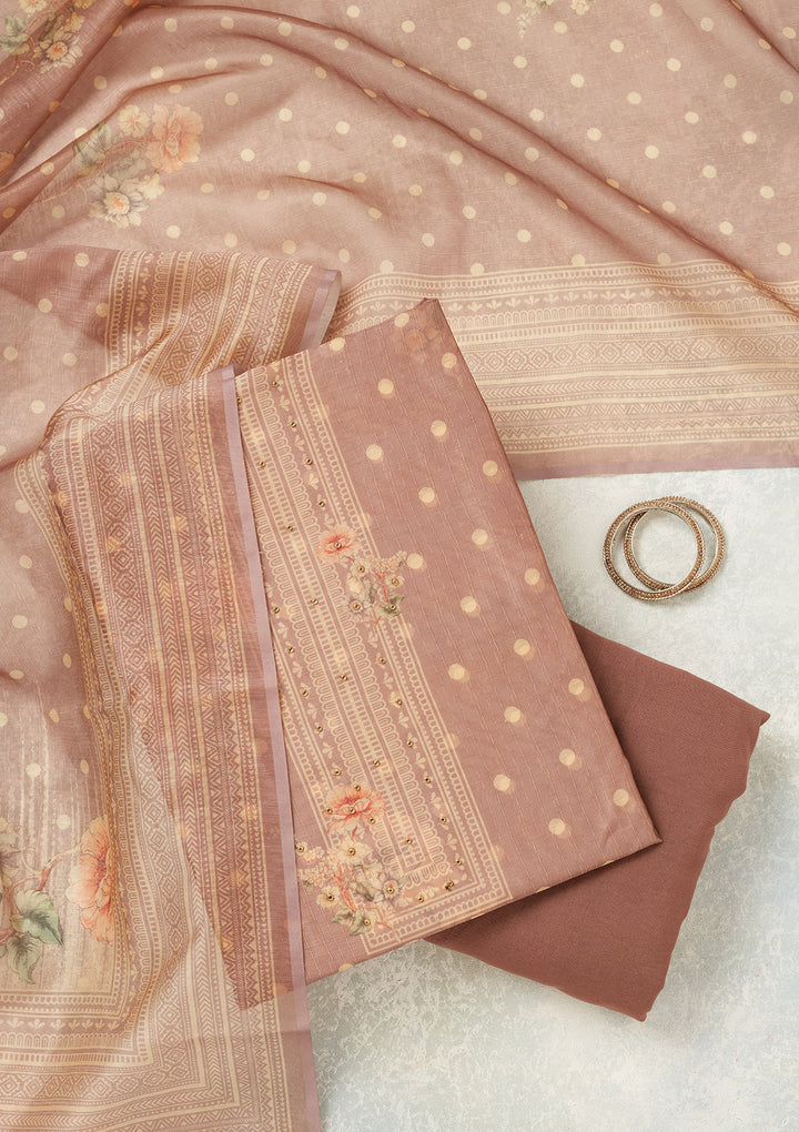 Mauve Chanderi Gold Zariwork Unstitched Dress Material With Matching Bottom And Dupatta