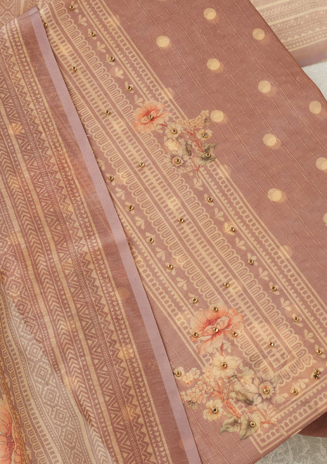 Mauve Chanderi Gold Zariwork Unstitched Dress Material With Matching Bottom And Dupatta