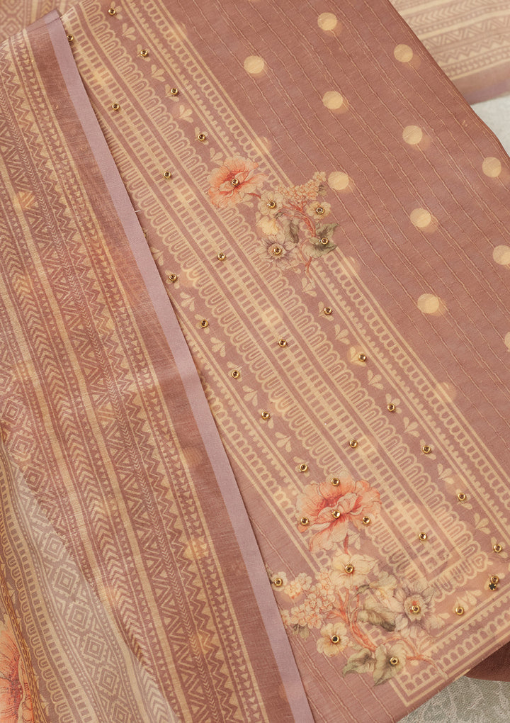 Mauve Chanderi Gold Zariwork Unstitched Dress Material With Matching Bottom And Dupatta
