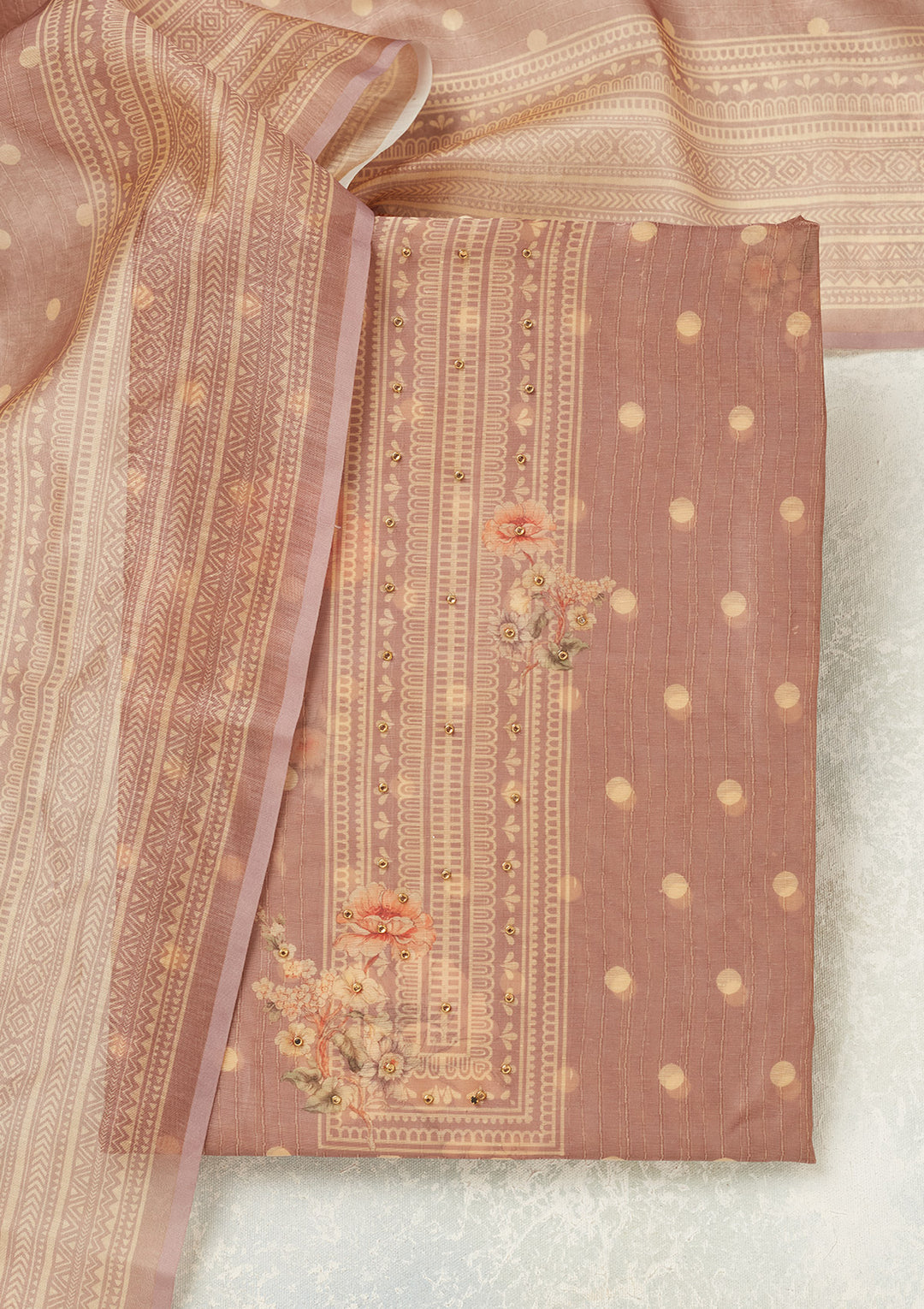 Mauve Chanderi Gold Zariwork Unstitched Dress Material With Matching Bottom And Dupatta