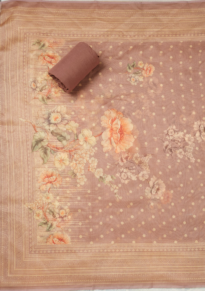 Mauve Chanderi Gold Zariwork Unstitched Dress Material With Matching Bottom And Dupatta
