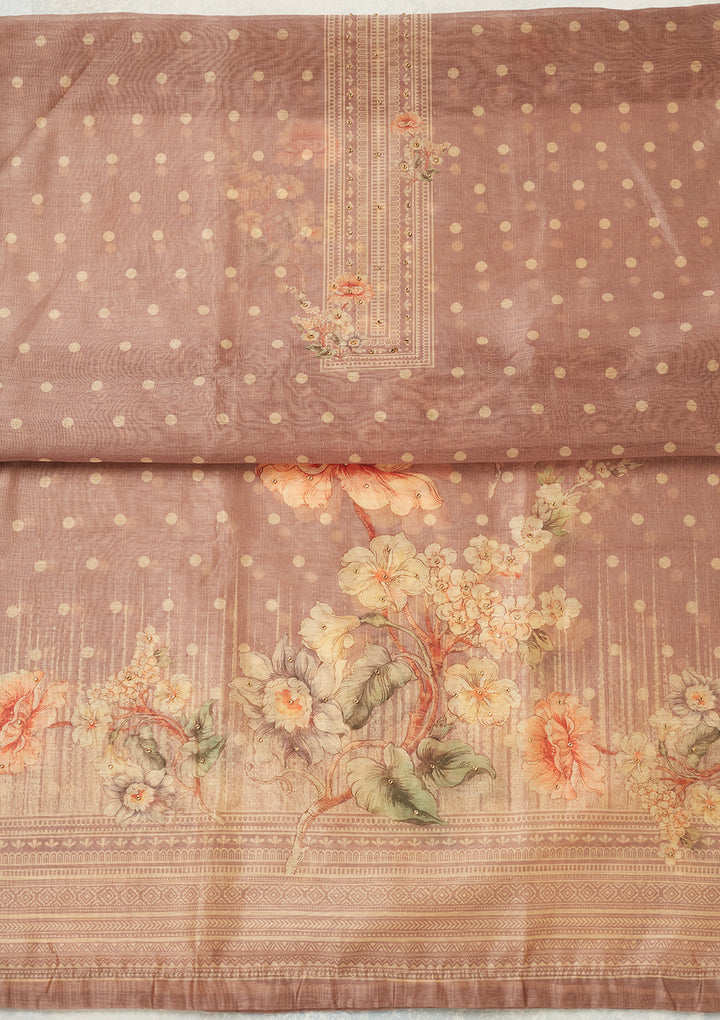 Mauve Chanderi Gold Zariwork Unstitched Dress Material With Matching Bottom And Dupatta