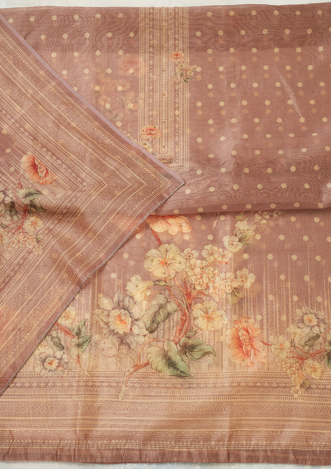 Mauve Chanderi Gold Zariwork Unstitched Dress Material With Matching Bottom And Dupatta