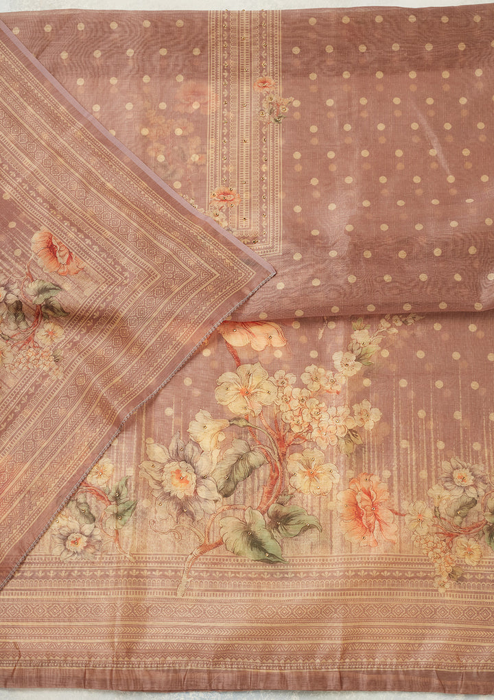 Mauve Chanderi Gold Zariwork Unstitched Dress Material With Matching Bottom And Dupatta