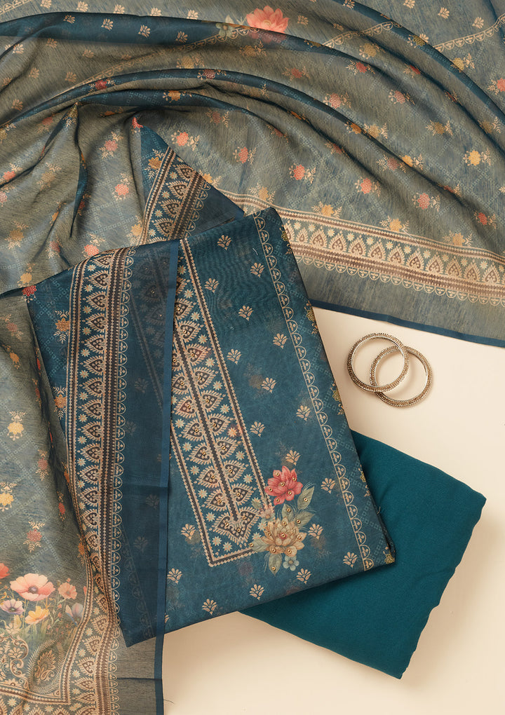 Peacock Blue Chanderi Gold Zariwork Unstitched Dress Material With Matching Bottom And Dupatta