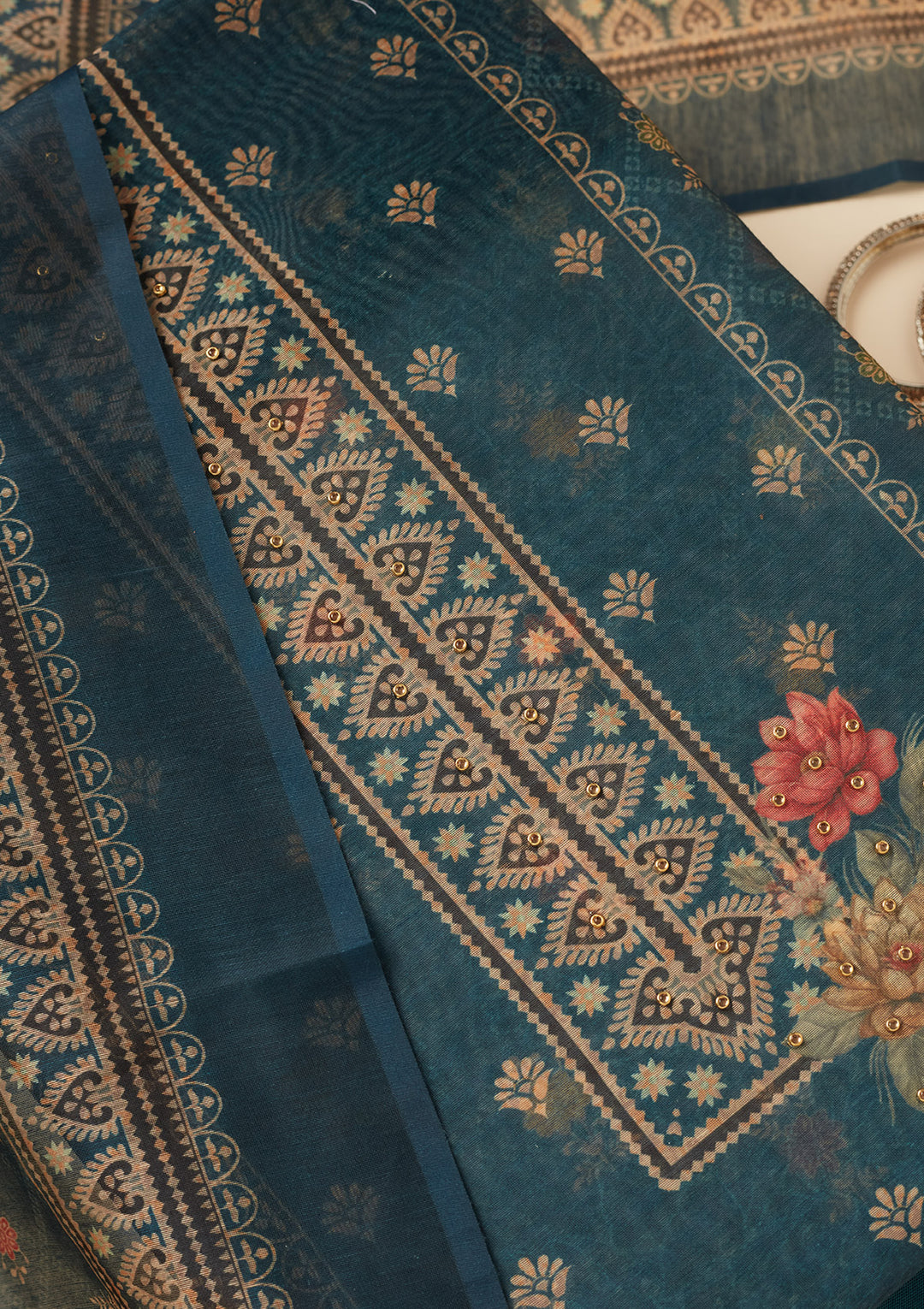 Peacock Blue Chanderi Gold Zariwork Unstitched Dress Material With Matching Bottom And Dupatta