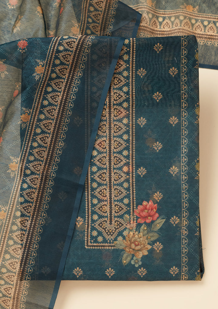 Peacock Blue Chanderi Gold Zariwork Unstitched Dress Material With Matching Bottom And Dupatta