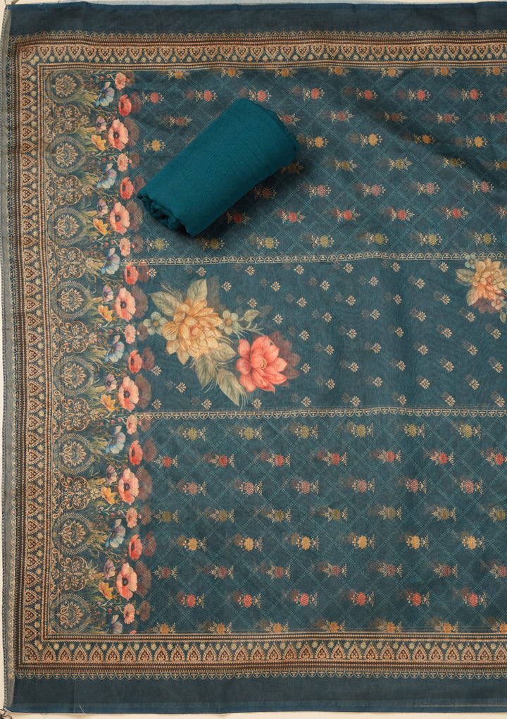 Peacock Blue Chanderi Gold Zariwork Unstitched Dress Material With Matching Bottom And Dupatta