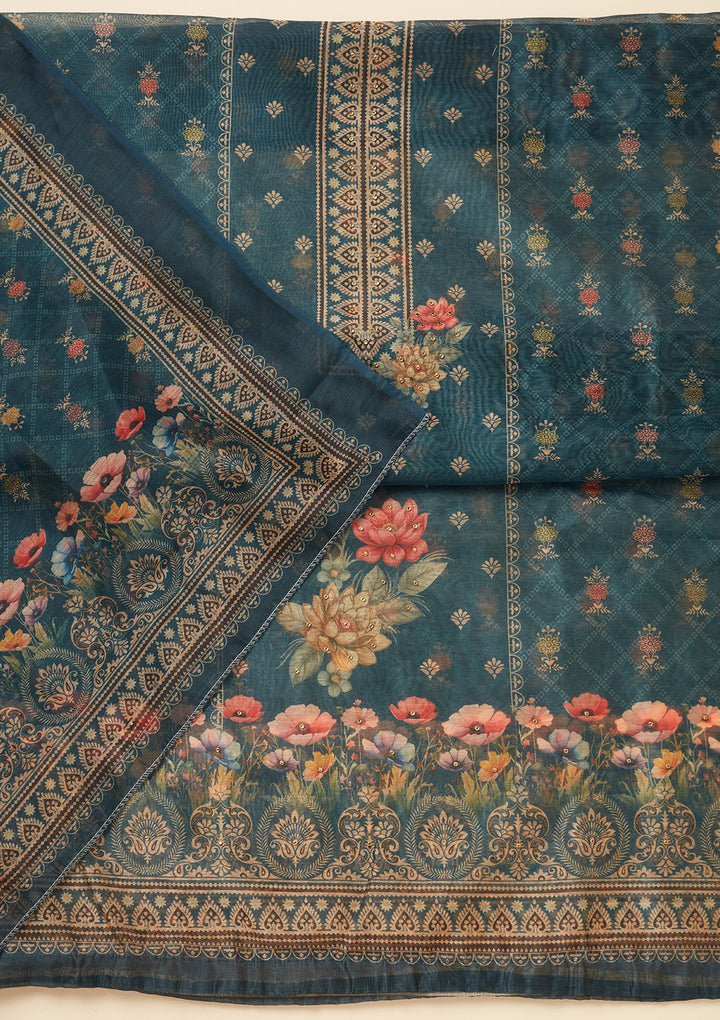 Peacock Blue Chanderi Gold Zariwork Unstitched Dress Material With Matching Bottom And Dupatta