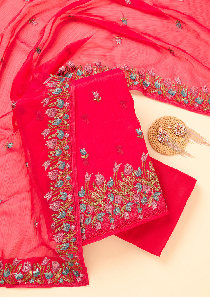 Rani Pink Semi Crepe Threadwork Unstitched Dress Material With Matching Bottom And Dupatta
