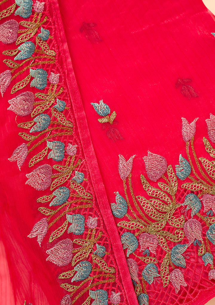 Rani Pink Semi Crepe Threadwork Unstitched Dress Material With Matching Bottom And Dupatta