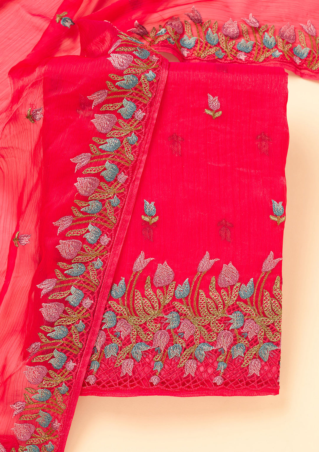 Rani Pink Semi Crepe Threadwork Unstitched Dress Material With Matching Bottom And Dupatta