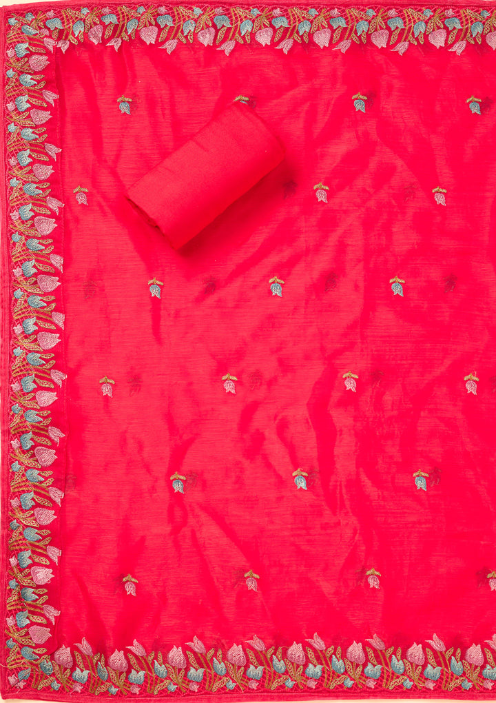 Rani Pink Semi Crepe Threadwork Unstitched Dress Material With Matching Bottom And Dupatta