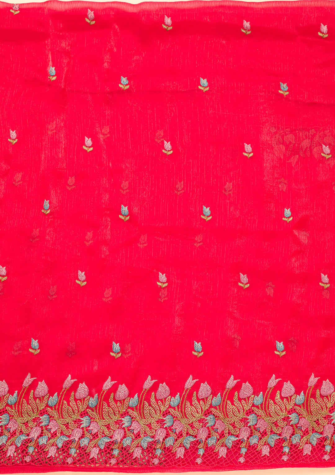 Rani Pink Semi Crepe Threadwork Unstitched Dress Material With Matching Bottom And Dupatta