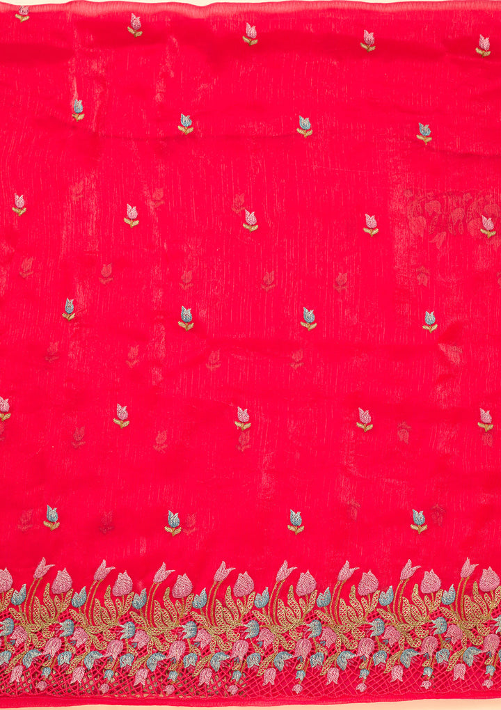 Rani Pink Semi Crepe Threadwork Unstitched Dress Material With Matching Bottom And Dupatta