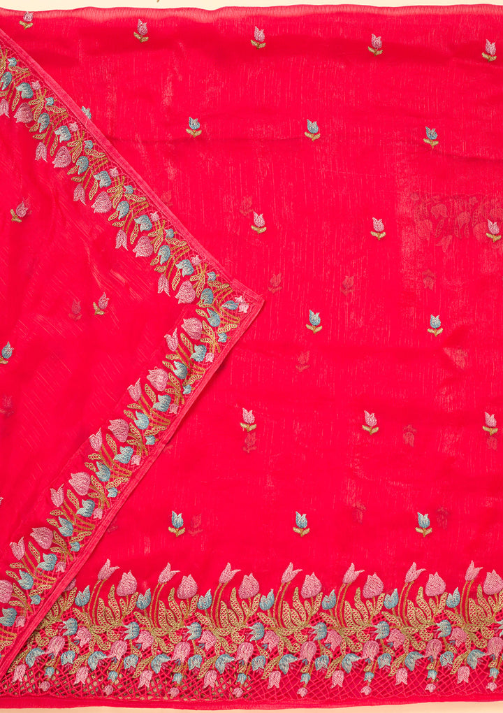 Rani Pink Semi Crepe Threadwork Unstitched Dress Material With Matching Bottom And Dupatta