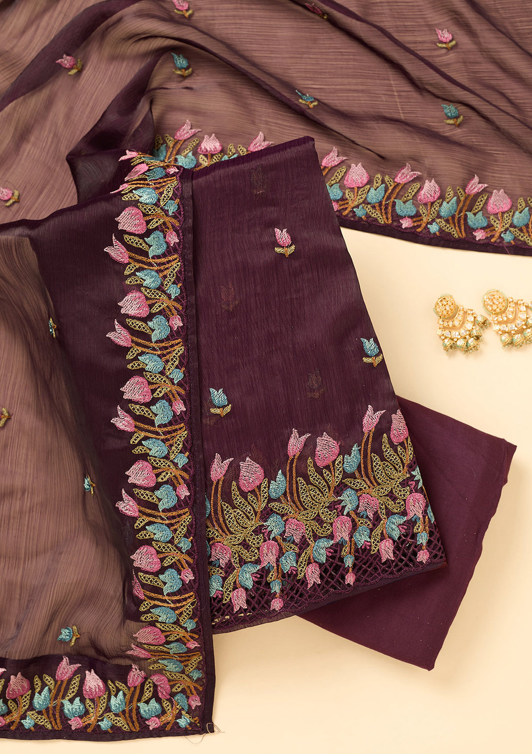 Wine Semi Crepe Threadwork Unstitched Dress Material With Matching Bottom And Dupatta