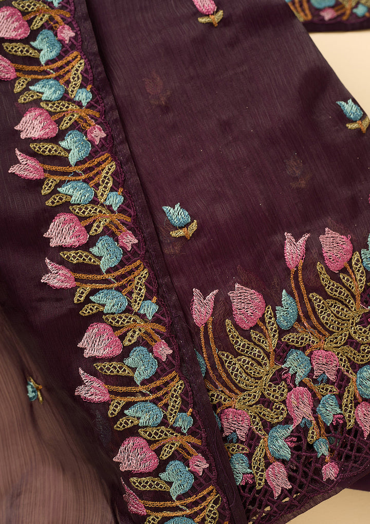 Wine Semi Crepe Threadwork Unstitched Dress Material With Matching Bottom And Dupatta