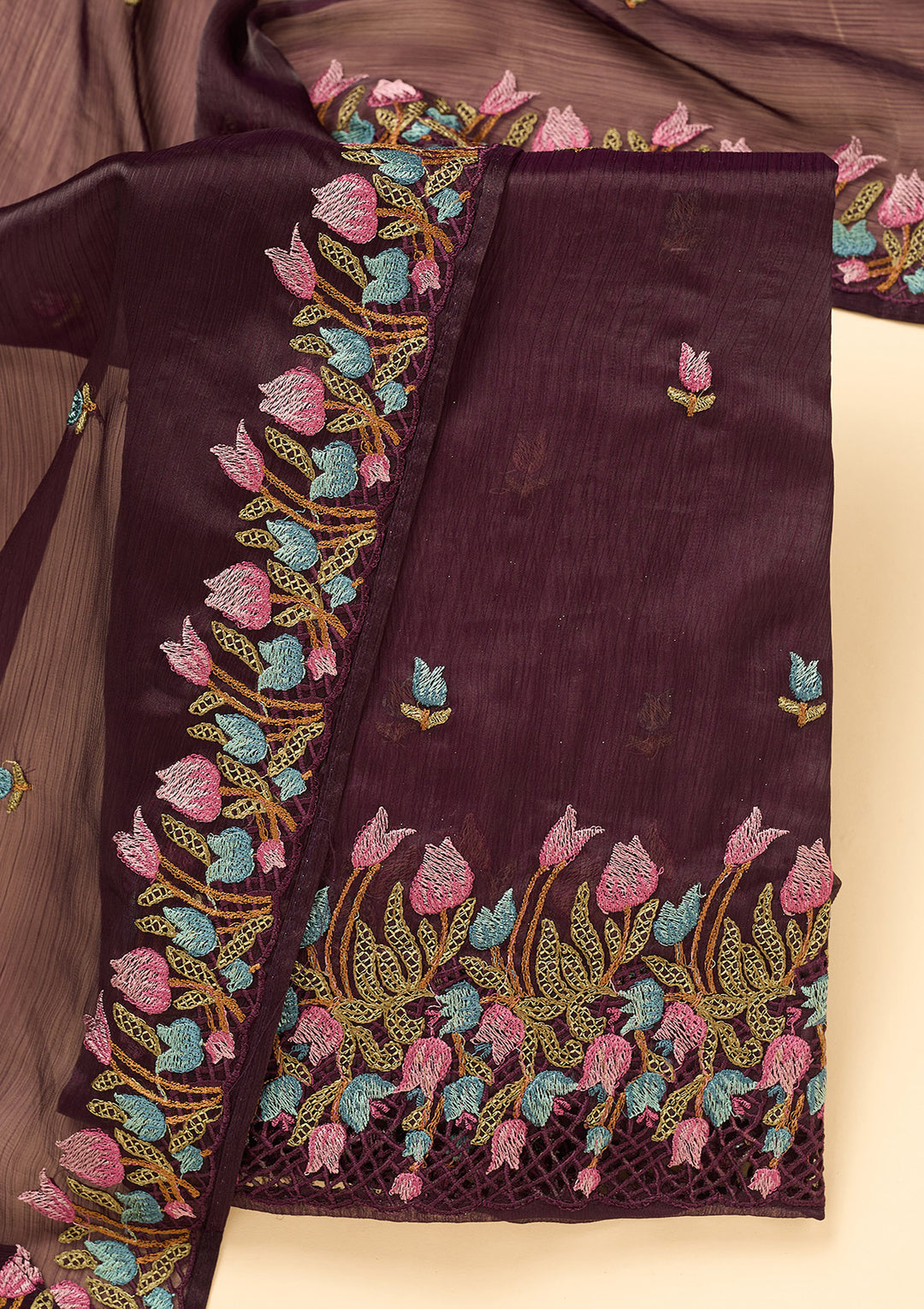 Wine Semi Crepe Threadwork Unstitched Dress Material With Matching Bottom And Dupatta