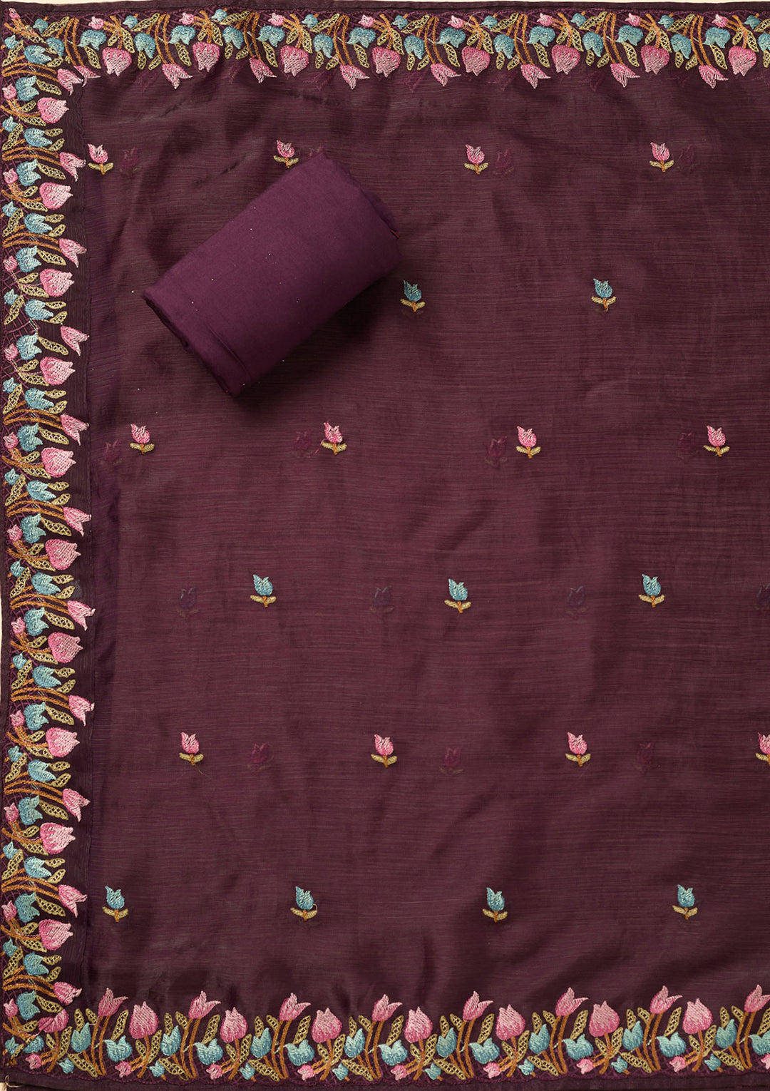 Wine Semi Crepe Threadwork Unstitched Dress Material With Matching Bottom And Dupatta
