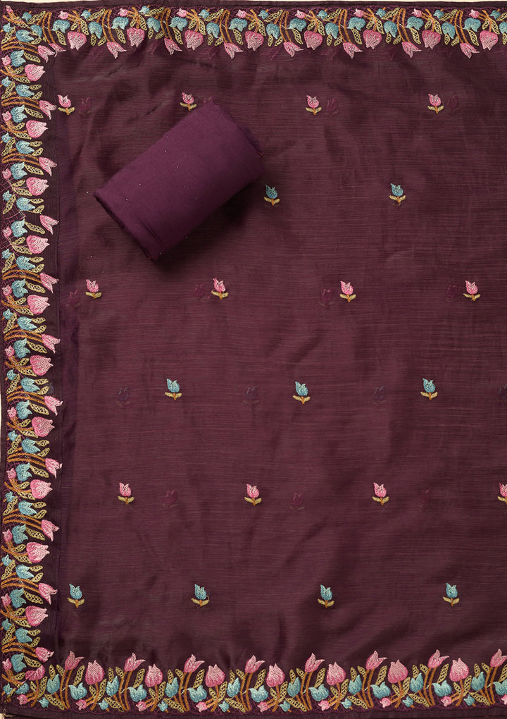 Wine Semi Crepe Threadwork Unstitched Dress Material With Matching Bottom And Dupatta