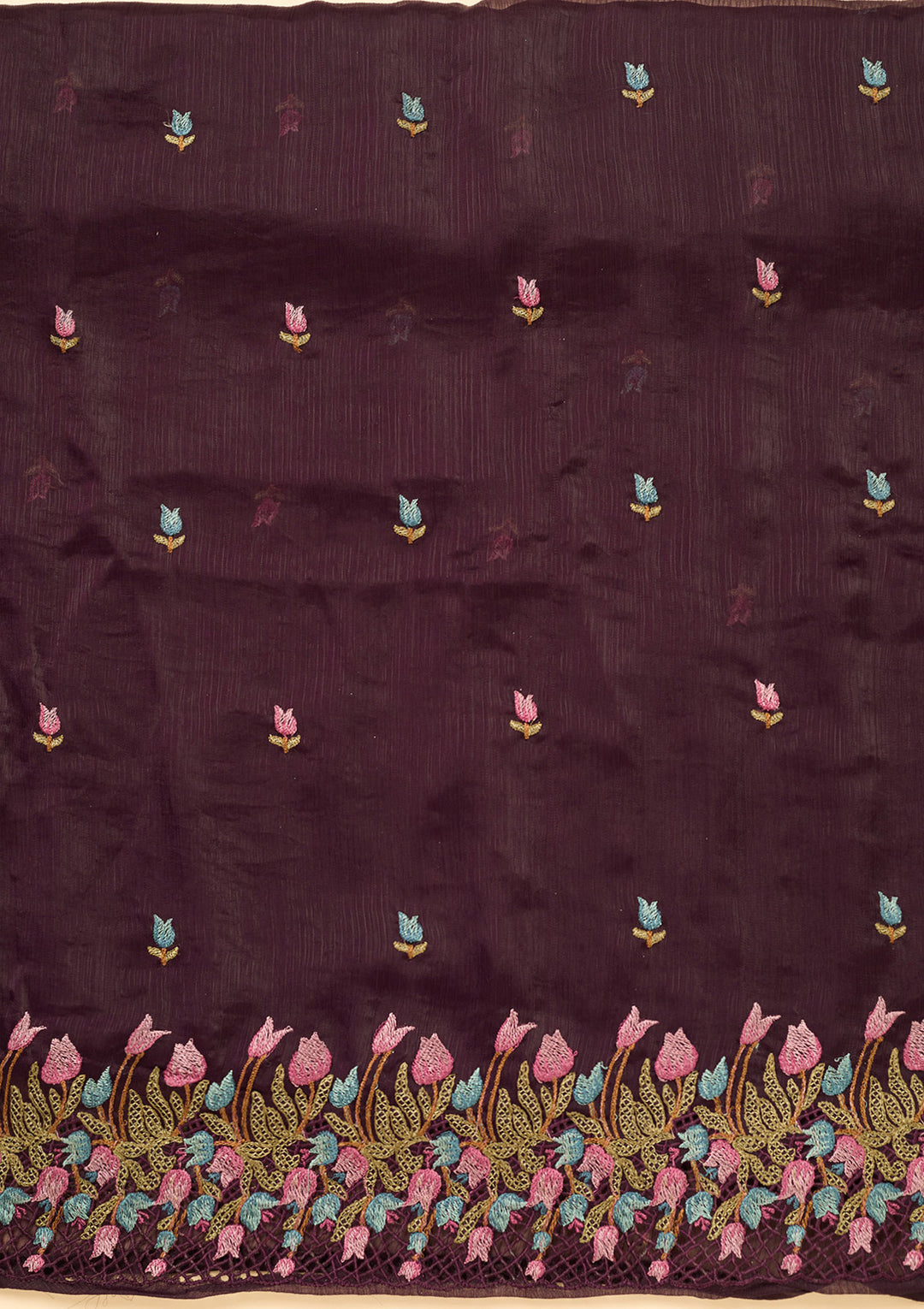 Wine Semi Crepe Threadwork Unstitched Dress Material With Matching Bottom And Dupatta