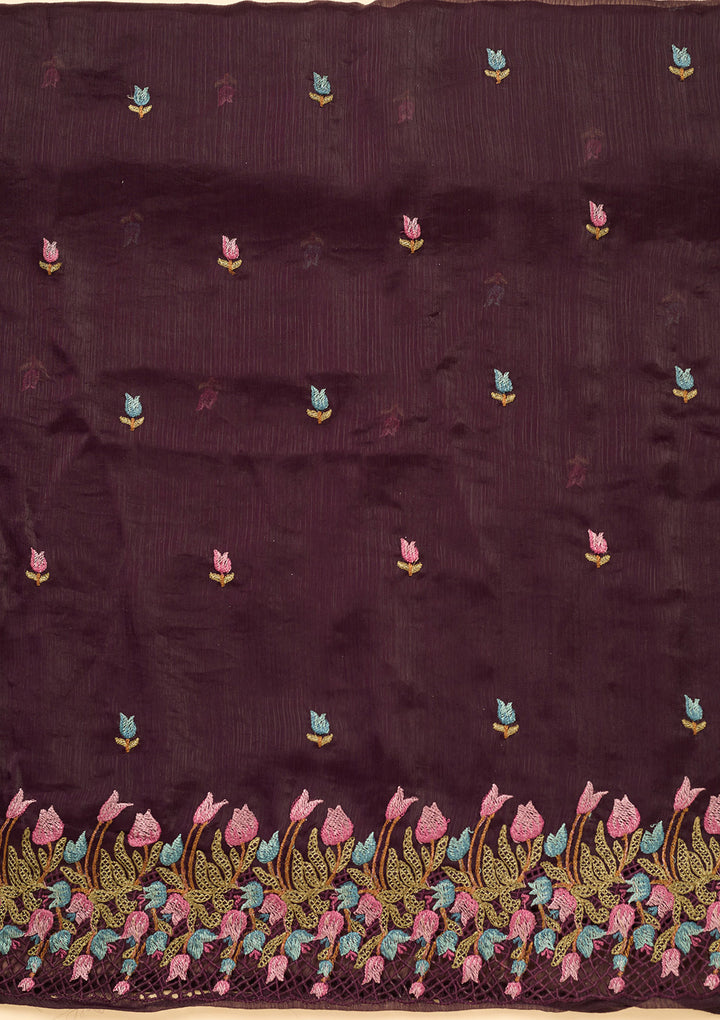 Wine Semi Crepe Threadwork Unstitched Dress Material With Matching Bottom And Dupatta