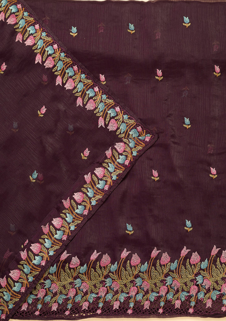 Wine Semi Crepe Threadwork Unstitched Dress Material With Matching Bottom And Dupatta
