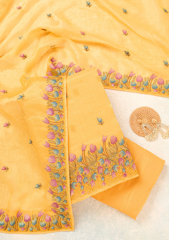 Yellow Semi Crepe Threadwork Unstitched Dress Material With Matching Bottom And Dupatta