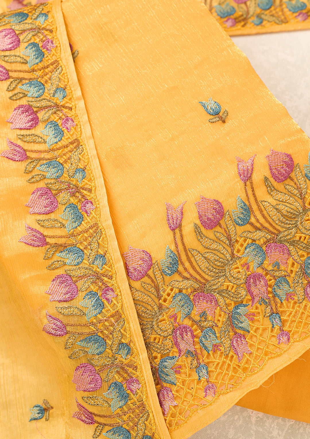 Yellow Semi Crepe Threadwork Unstitched Dress Material With Matching Bottom And Dupatta
