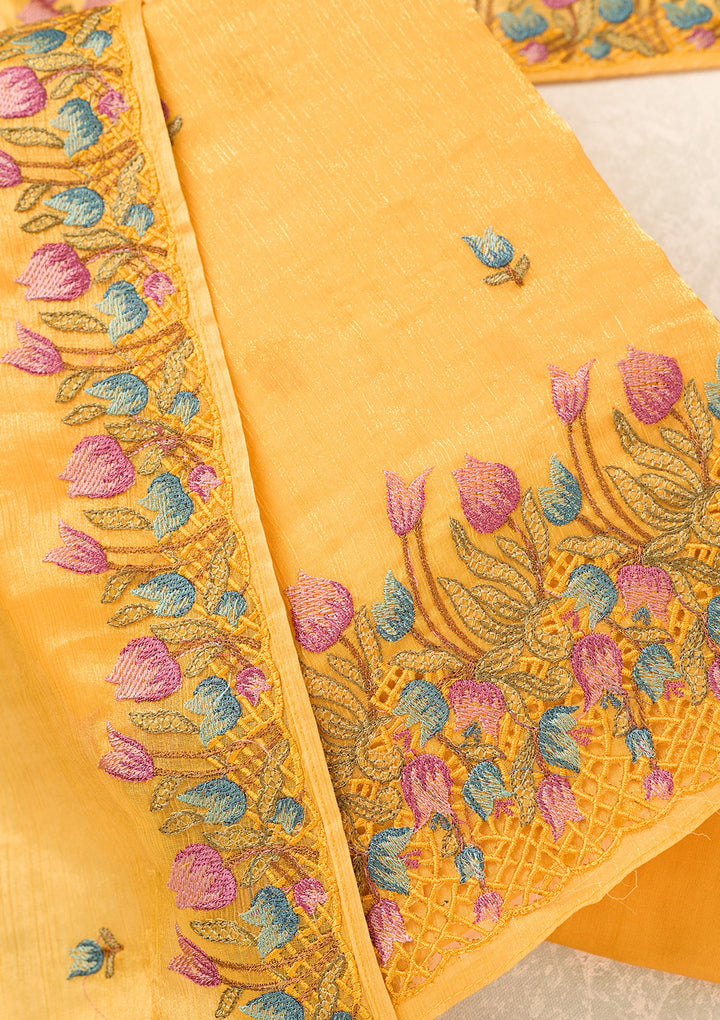 Yellow Semi Crepe Threadwork Unstitched Dress Material With Matching Bottom And Dupatta