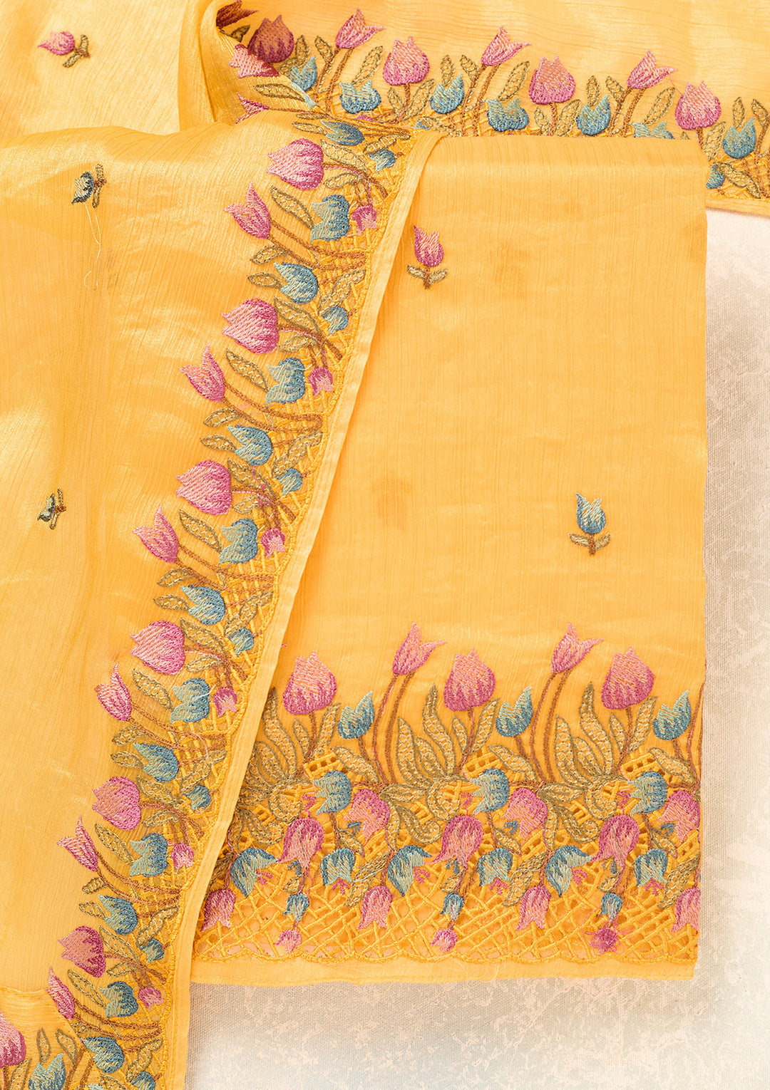 Yellow Semi Crepe Threadwork Unstitched Dress Material With Matching Bottom And Dupatta