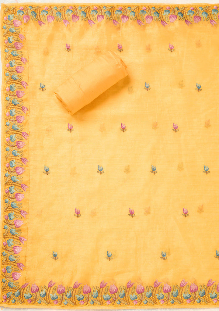 Yellow Semi Crepe Threadwork Unstitched Dress Material With Matching Bottom And Dupatta