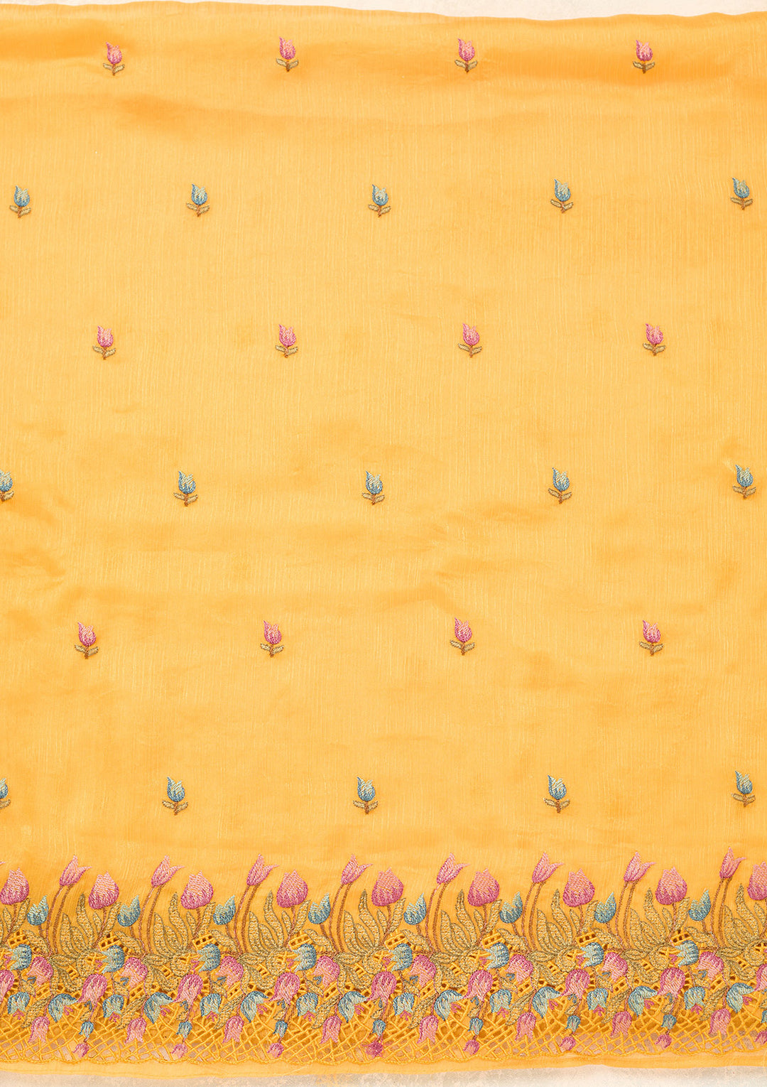 Yellow Semi Crepe Threadwork Unstitched Dress Material With Matching Bottom And Dupatta