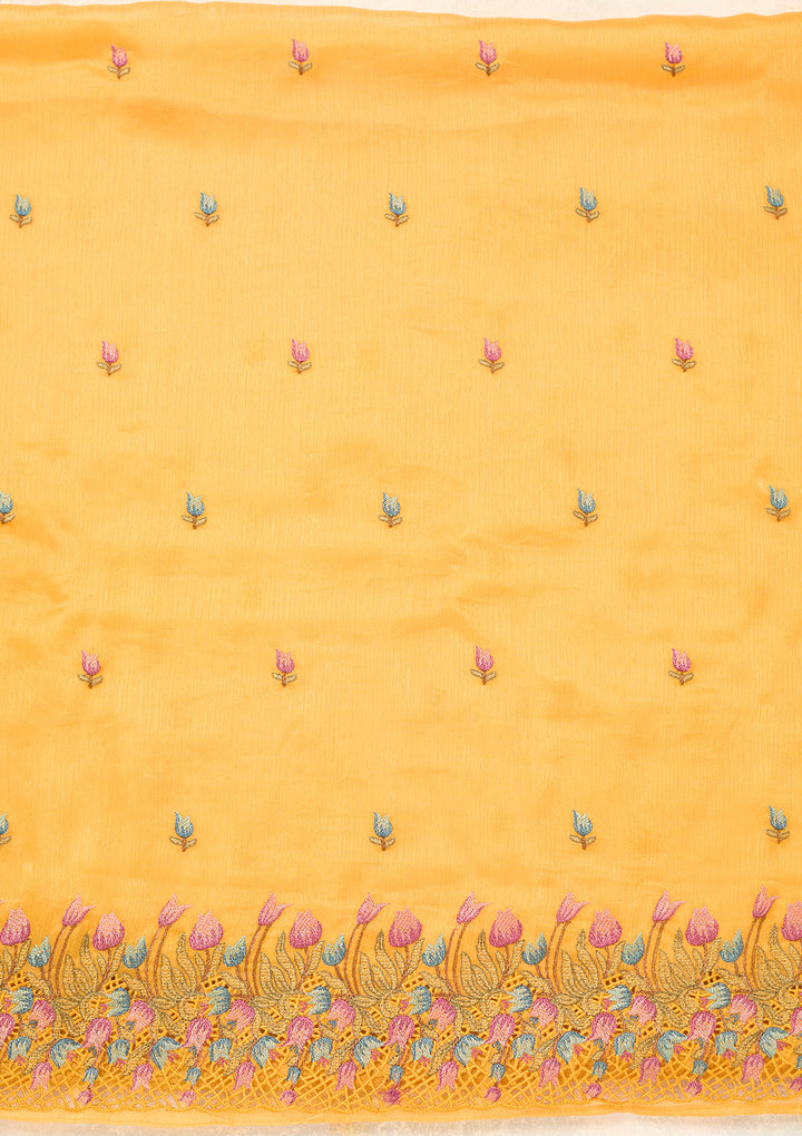 Yellow Semi Crepe Threadwork Unstitched Dress Material With Matching Bottom And Dupatta