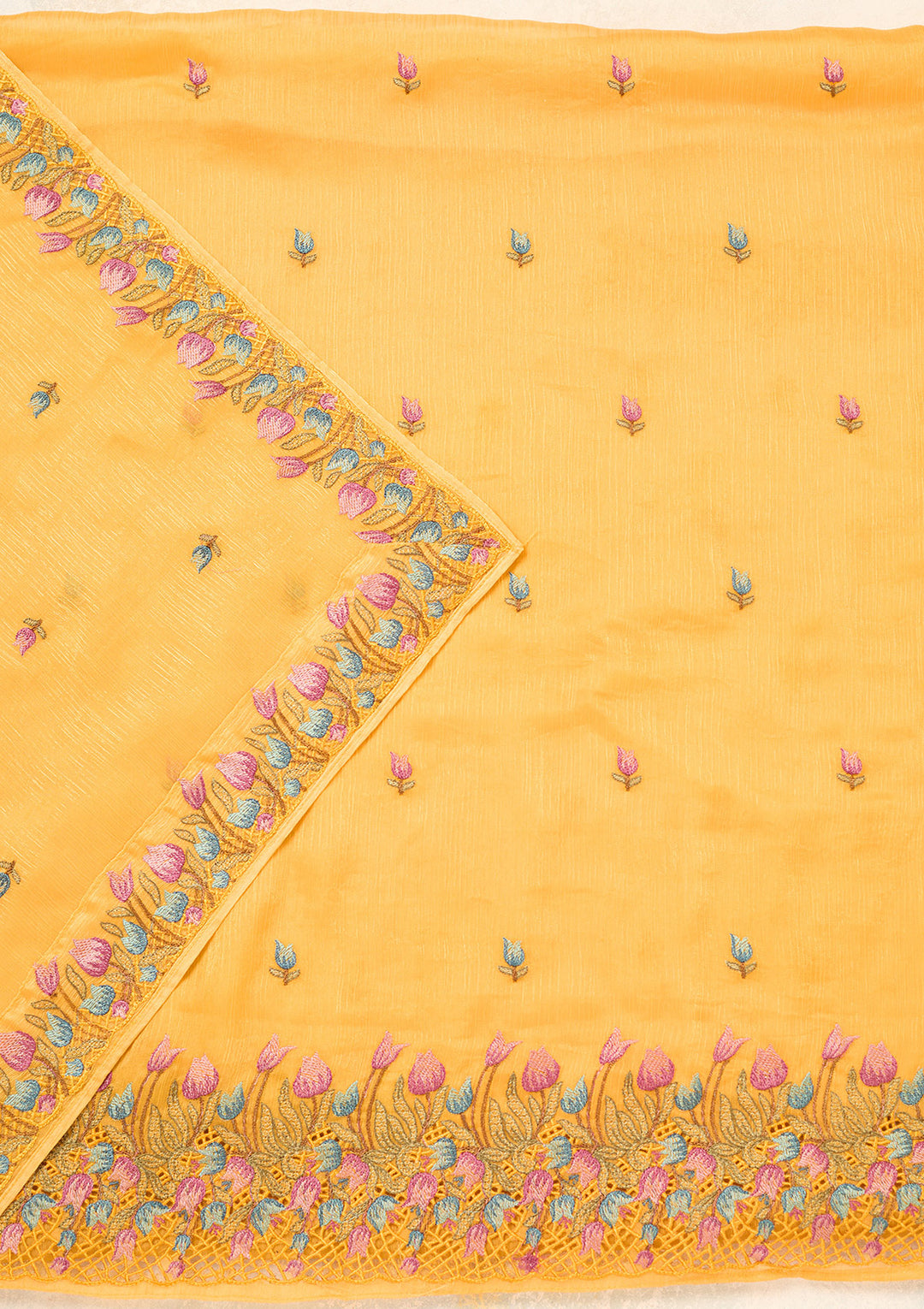 Yellow Semi Crepe Threadwork Unstitched Dress Material With Matching Bottom And Dupatta