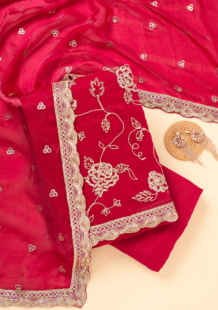 Magenta Pink Semi Crepe Gold Zariwork Unstitched Dress Material With Matching Bottom And Dupatta