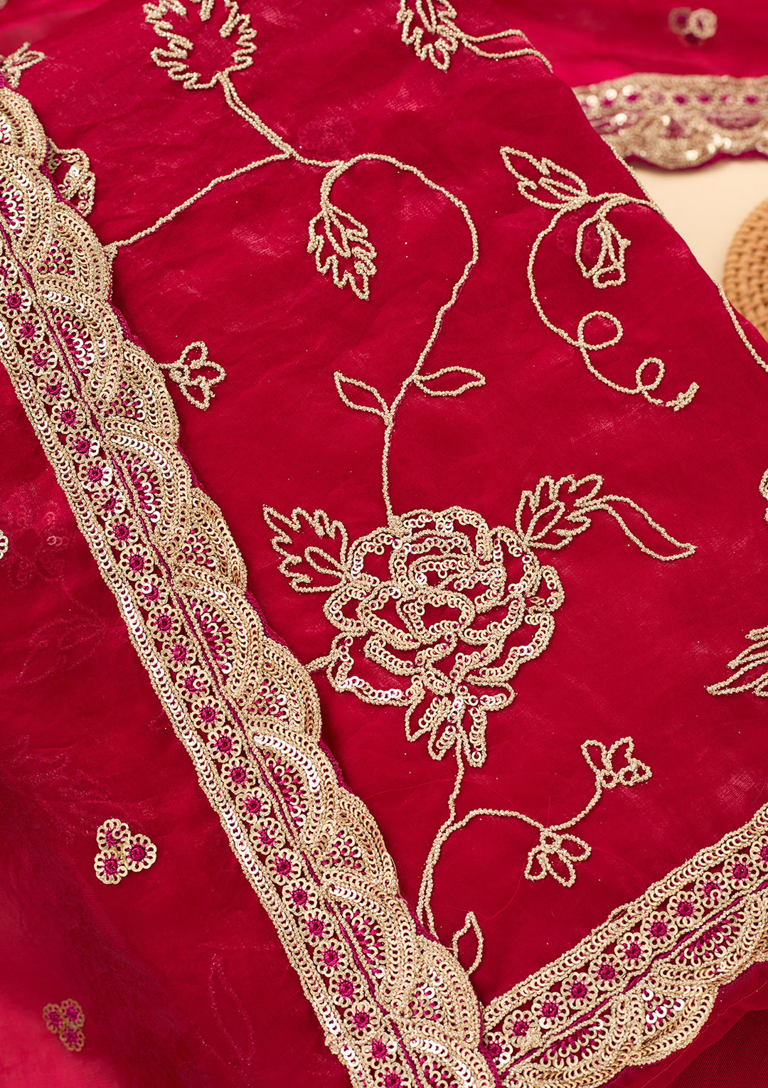 Magenta Pink Semi Crepe Gold Zariwork Unstitched Dress Material With Matching Bottom And Dupatta
