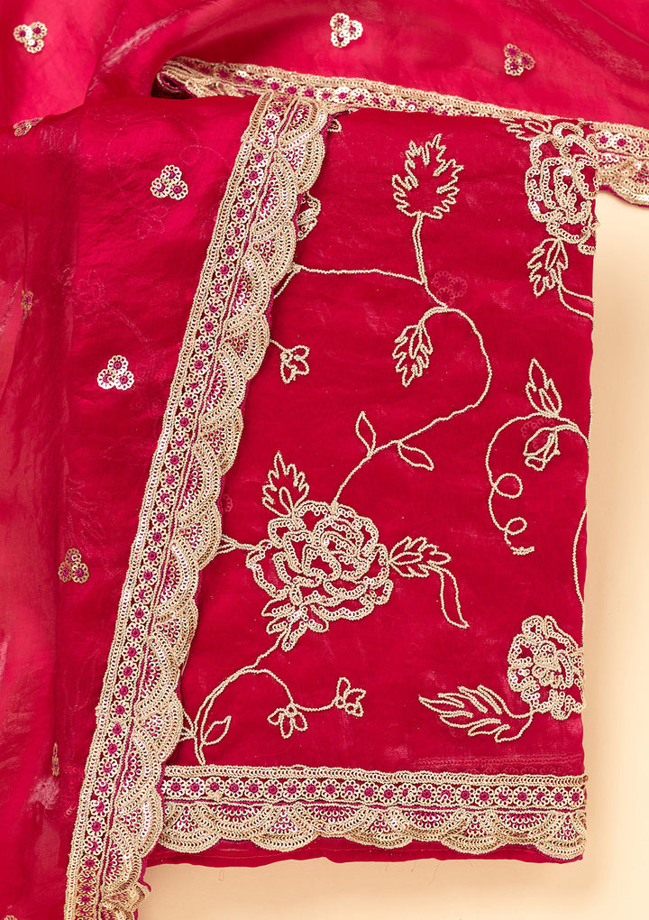 Magenta Pink Semi Crepe Gold Zariwork Unstitched Dress Material With Matching Bottom And Dupatta