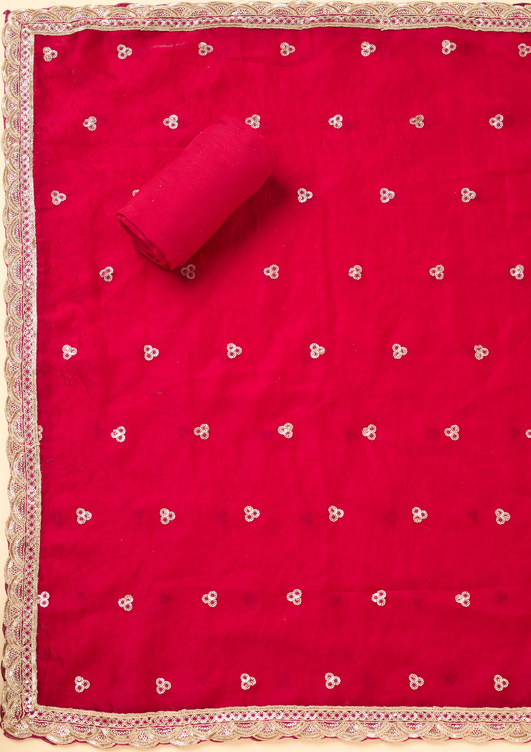 Magenta Pink Semi Crepe Gold Zariwork Unstitched Dress Material With Matching Bottom And Dupatta