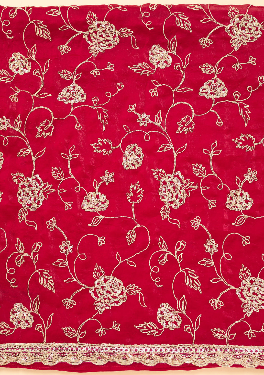 Magenta Pink Semi Crepe Gold Zariwork Unstitched Dress Material With Matching Bottom And Dupatta