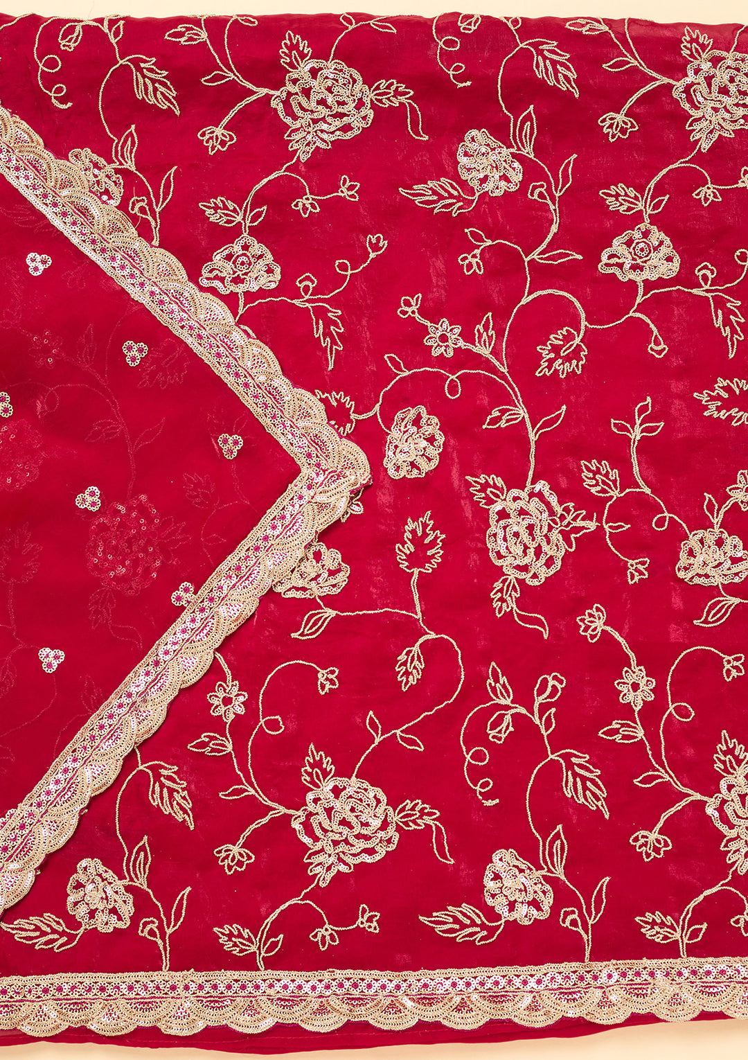 Magenta Pink Semi Crepe Gold Zariwork Unstitched Dress Material With Matching Bottom And Dupatta