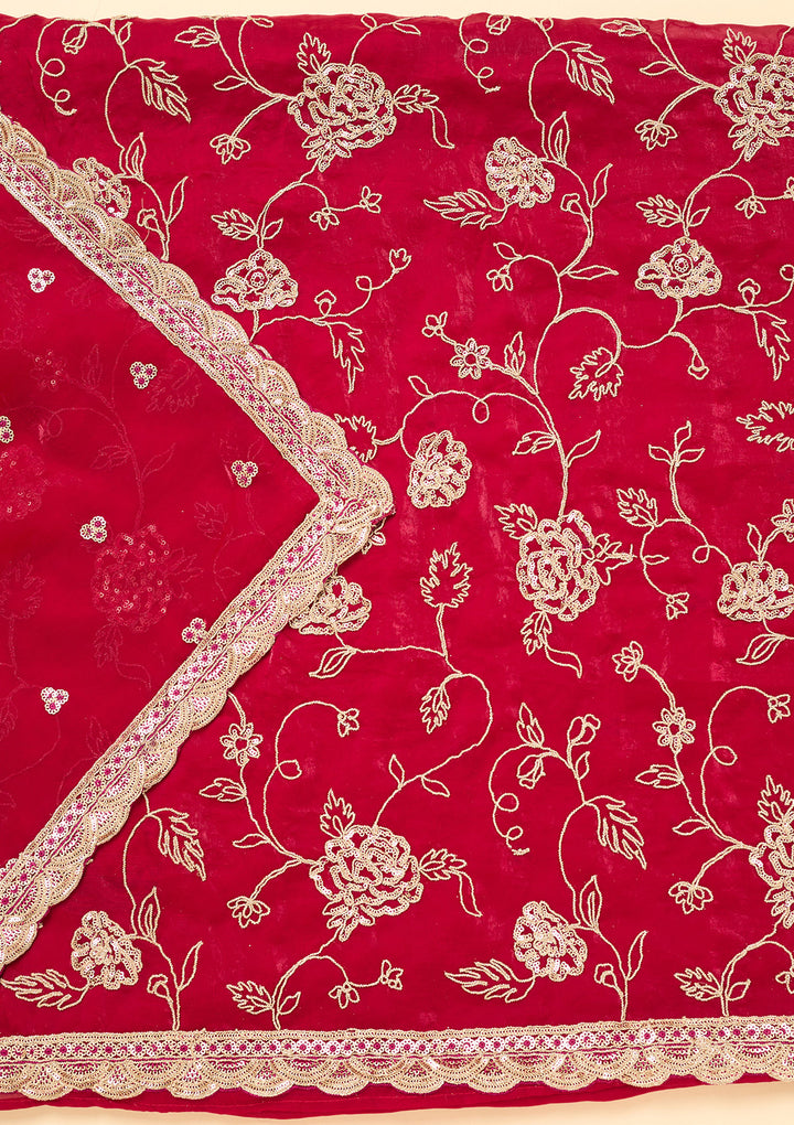 Magenta Pink Semi Crepe Gold Zariwork Unstitched Dress Material With Matching Bottom And Dupatta