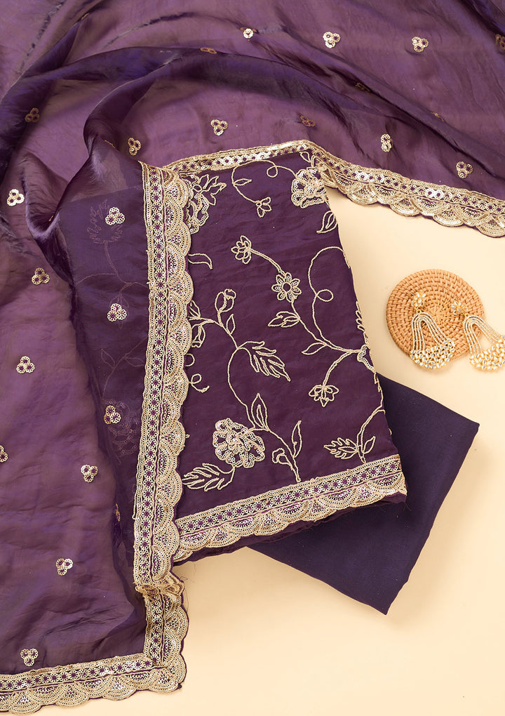 Purple Semi Crepe Gold Zariwork Unstitched Dress Material With Matching Bottom And Dupatta