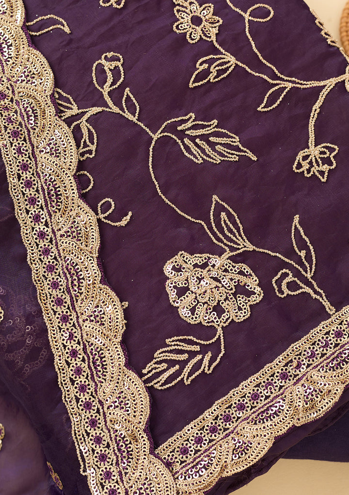 Purple Semi Crepe Gold Zariwork Unstitched Dress Material With Matching Bottom And Dupatta