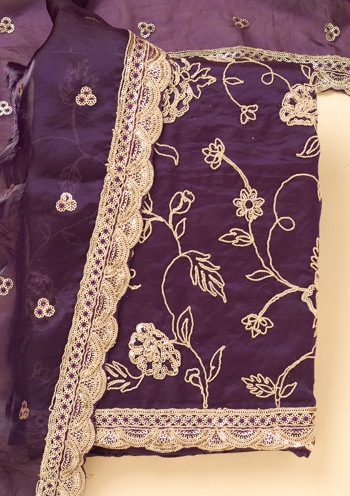 Purple Semi Crepe Gold Zariwork Unstitched Dress Material With Matching Bottom And Dupatta